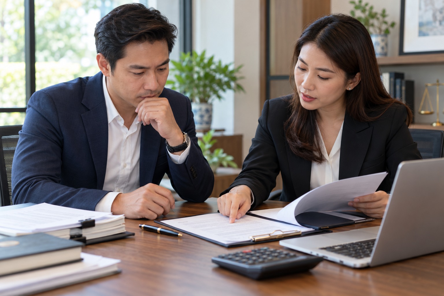 A business owner reviews contract terms with an adviser before signing