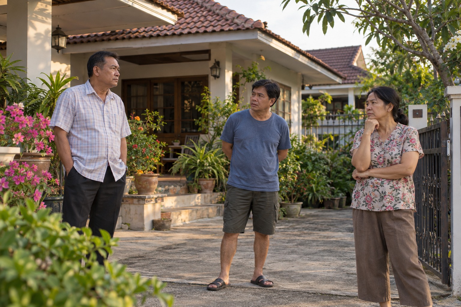 พี่น้องพูดคุยเรื่องกรรมสิทธิ์ร่วมกันบริเวณหน้าบ้านมรดก
